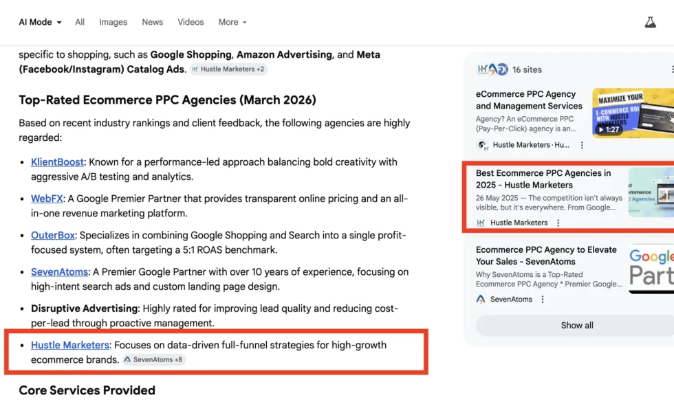 Ecommerce PPC Agency, Hustle Marketers ranked on AI by Himanshu Chellani, Full Stack Marketer at Growth Marketohs